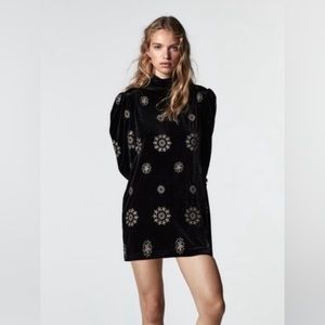 zara black embroidered snowflake dress velvet